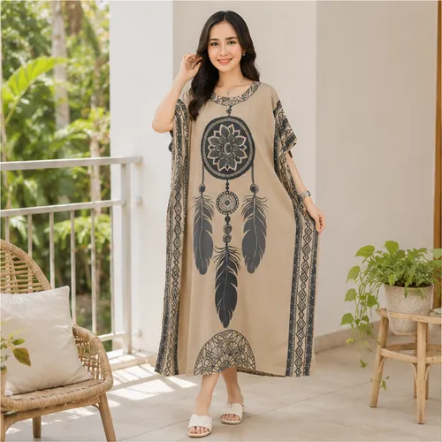 Model memakai daster jumbo warna Abu-abu