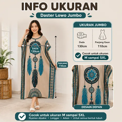 Info ukuran daster lowo jumbo: lingkar dada 130 cm, panjang 110 cm, cocok untuk ukuran M sampai 5XL